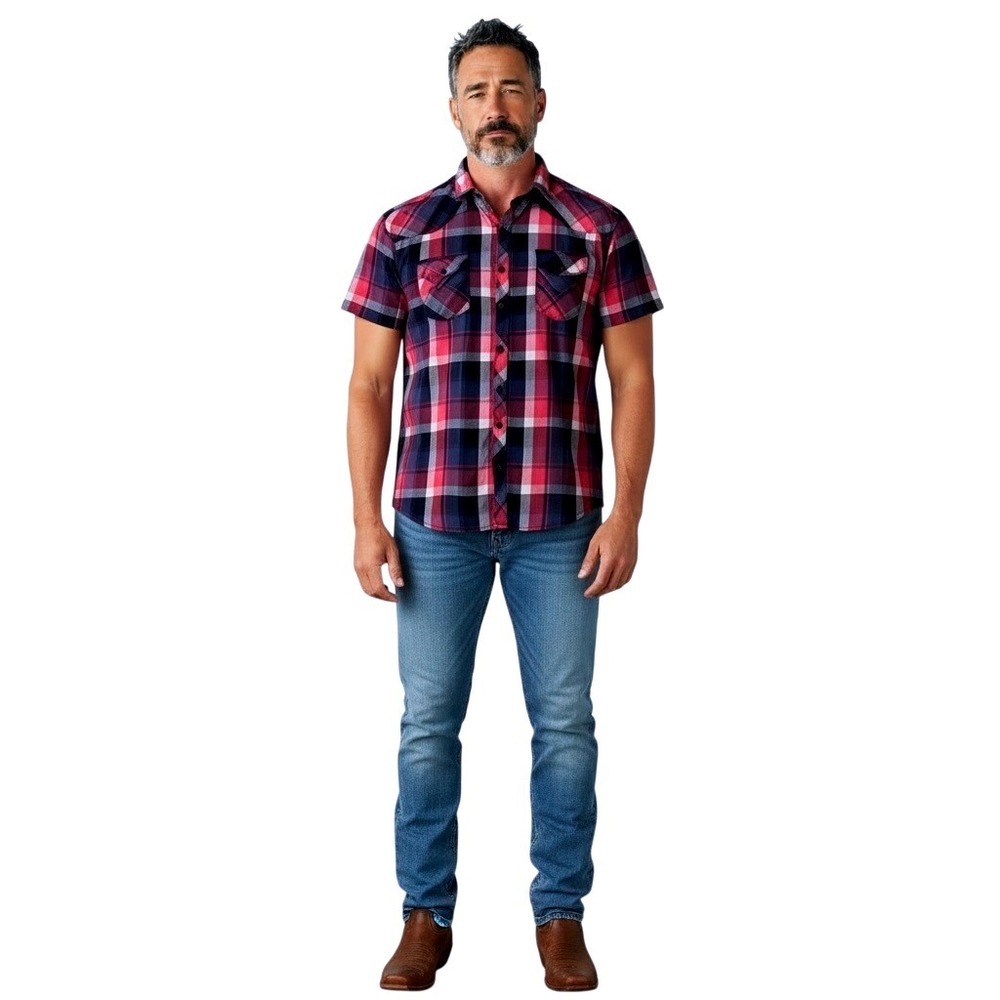 BKE Vintage Plaid Western Pearl Snap Shirt XXL Red Blue Casual Rodeo Festival‎